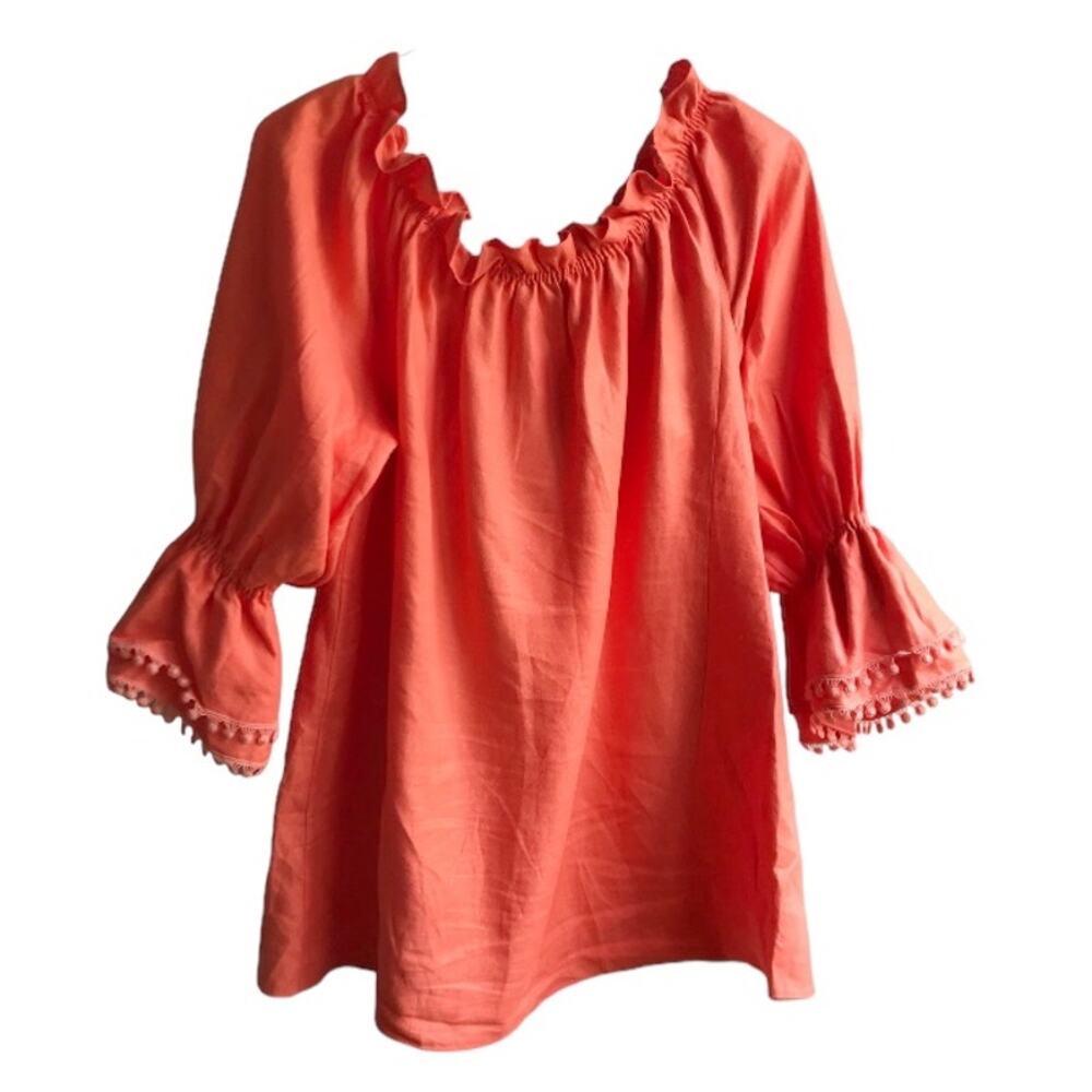 Paris Susan Sutherland Linen Blouse XL Coral Embroidered - Picture 2 of 16